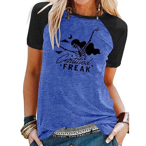 

Women's T shirt Tee Graphic Skull Letter Halloween Casual Daily T shirt Tee Short Sleeve Print Round Neck Basic Green Blue Light gray S