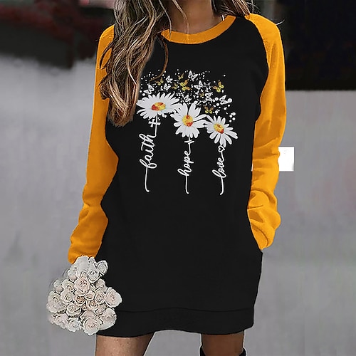 

Women's Pullover Hoodie Dress Active Streetwear Long Pocket Print Black Butterfly Daisy Daily Round Neck Long Sleeve S M L XL XXL