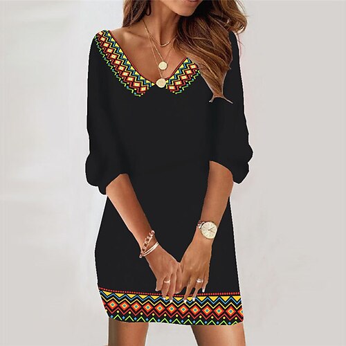 

Women's Casual Dress Bodycon Sheath Dress Mini Dress Black 3/4 Length Sleeve Geometric Print Winter Fall Autumn V Neck Loose Fit 2022 S M L XL XXL 3XL