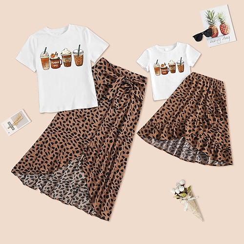 

Mommy and Me Halloween Dresses Family Sets Leopard Pumpkin Letter Daily Lace up Multicolor Short Sleeve Asymmetrical Casual Matching Outfits