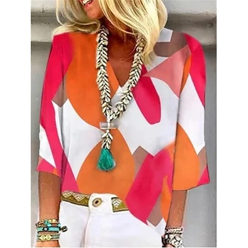 

Women's Blouse Shirt Blue Khaki Rainbow Graphic Patchwork Print 3/4 Length Sleeve Casual Holiday Ethnic Casual V Neck Regular Loose Fit S / 3D Print