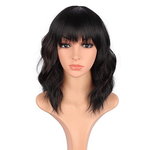 

Black Wavy Wig For Women Synthetic Middle Part Short Bob Wavy Curly Wig Shoulder Length Wavy Wig For Daily Party Use 14 Inches