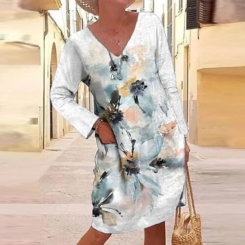 

Women's Shift Dress Knee Length Dress White Light Blue Long Sleeve Floral Color Gradient Pocket Print Fall Winter V Neck Casual Mature 2022 S M L XL XXL 3XL