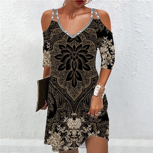 

Women's A Line Dress Casual Dress Short Mini Dress Black Yellow 3/4 Length Sleeve Floral Sequins Cold Shoulder Print Fall Winter Spaghetti Strap Casual Fashion 2022 S M L XL XXL 3XL