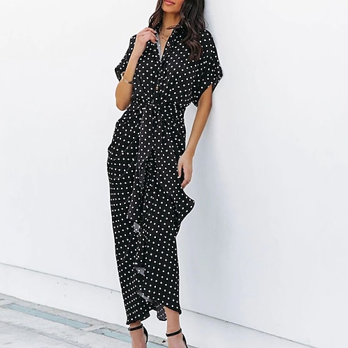 

Women's Shirt Dress Sheath Dress Midi Dress White Black Short Sleeve Polka Dot Ruffle Button Print Spring Summer Shirt Collar Casual Modern 2022 S M L XL XXL / Casual Dress