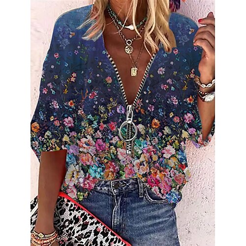 

Women's Blouse Shirt Navy Blue Floral Quarter Zip Print Long Sleeve Holiday Weekend Streetwear Casual V Neck Regular Floral S / 3D Print