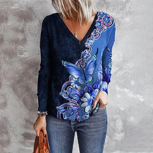 

Women's T shirt Tee Floral Butterfly Casual Holiday Weekend Floral Butterfly Painting T shirt Tee Long Sleeve Print V Neck Basic Blue Purple Pink S / 3D Print