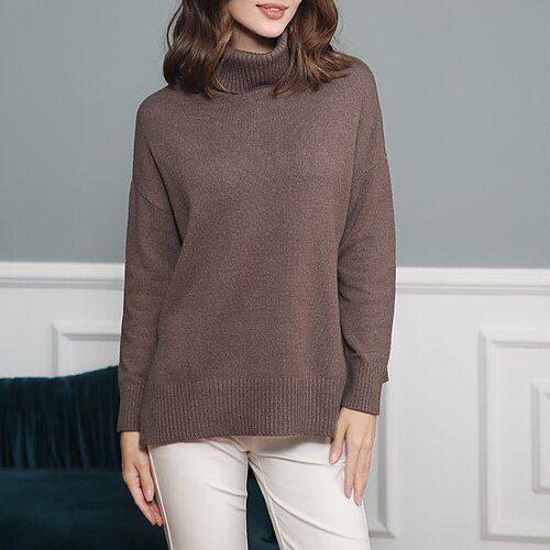 

amazon hot selling hot style european and american women's knitted sweater pullover long-sleeved turtleneck irregular hem loose sweater