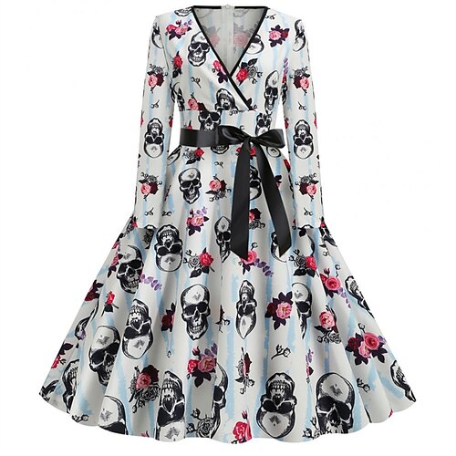 

Women's A Line Halloween Dress Swing Dress Knee Length Dress White Long Sleeve Floral Abstract Skull Bow Print Fall Winter V Neck Stylish Vintage 2022 S M L XL XXL
