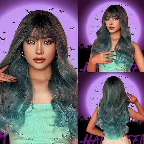 

HAIRCUBE Cosplay Hair Ombre Green Long Wavy Wigs With Bangs for Women Halloween