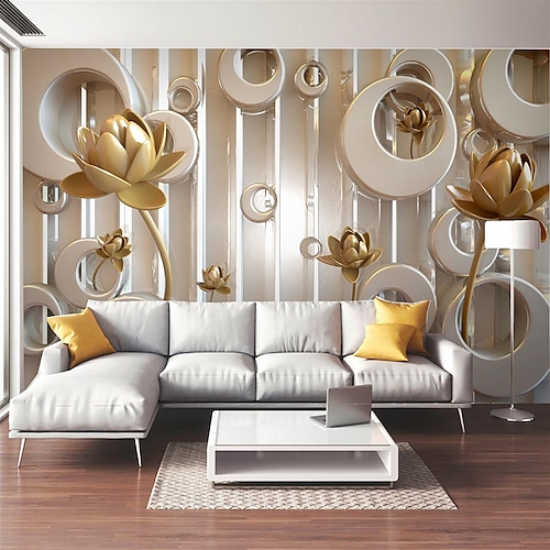 

Mural Golden Lotus Figure Suitable For Hotel Living Room Bedroom Art Deco 3D Home Decoration Canvas Material Self adhesive Wallpaper Mural Wall Cloth Room Wallcovering