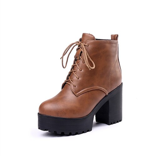 

Women's Boots Daily Combat Boots Lace Up Boots Booties Ankle Boots Winter Chunky Heel Round Toe Classic PU Leather Zipper Solid Colored Dark Brown Black Beige