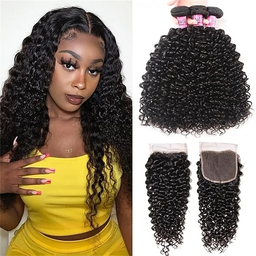 

3 Bundles Hair Weaves Brazilian Hair Curly Human Hair Extensions Human Hair Extension Weave 14-20 inch Black Women Easy dressing Comfy / Daily Wear / Party / Evening / Party / 5x5 Closure