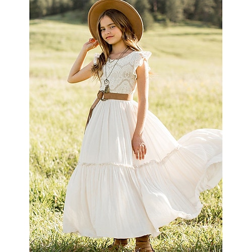 

Kids Little Girls' Dress Solid Colored A Line Dress Daily Holiday Lace Ruched White Wine Army Green Cotton Maxi Short Sleeve Princess Sweet Dresses Summer Regular Fit 4-13 Years