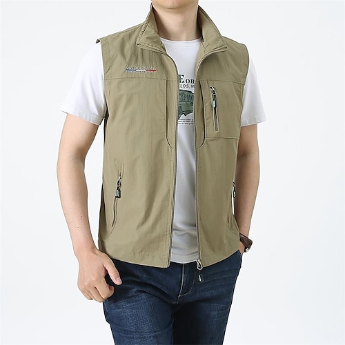 

Men's Vest Warm Quick Dry Outdoor Street Holiday Zipper Turndown Streetwear Chic & Modern Casual Jacket Outerwear Pure Color Pocket Army Green Khaki Dark Navy / Spring / Fall / Sleeveless