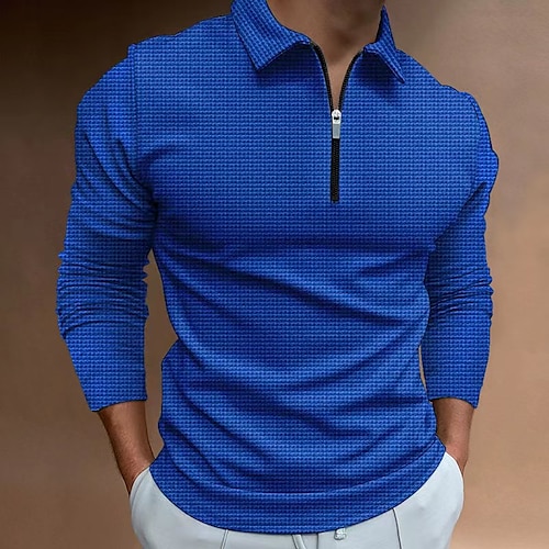 

Men's Collar Polo Shirt Golf Shirt Solid Color Tartan Turndown Blue Khaki Gray White Black Hot Stamping Going out Gym Long Sleeve Patchwork Zipper Clothing Apparel Sportswear Casual