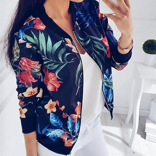 

Women's Bomber Jacket Varsity Jacket Warm Breathable Outdoor Daily Wear Vacation Going out Zipper Print Zipper Stand Collar Fashion Comfortable Street Style Preppy Style Flower Regular Fit Outerwear