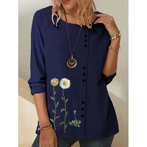 

Women's T shirt Tee Blue Khaki Navy Blue Daisy Button Print Long Sleeve Holiday Weekend Basic Round Neck Regular Floral Painting S / 3D Print