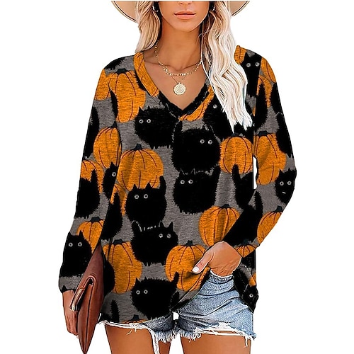 

Women's T shirt Tee Green Blue Gray Pumpkin Print Long Sleeve Halloween Weekend Basic V Neck Regular Painting S / 3D Print