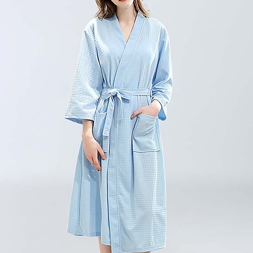 

Women's Robes Gown Nighty 1 PCS Pure Color Simple Home Polyester V Wire Long Sleeve Basic Fall Winter White Blue