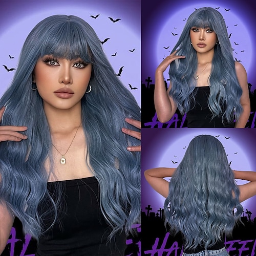 

capelli lunghi blu cosplay parrucche naturali ondulate della regina con la frangetta per le donne di halloween