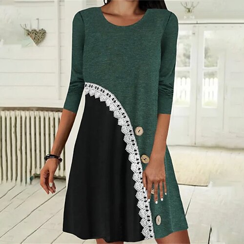 

Women's A Line Dress Short Mini Dress Green 3/4 Length Sleeve Color Block Lace Patchwork Button Fall Winter Crew Neck Stylish Casual 2022 S M L XL XXL