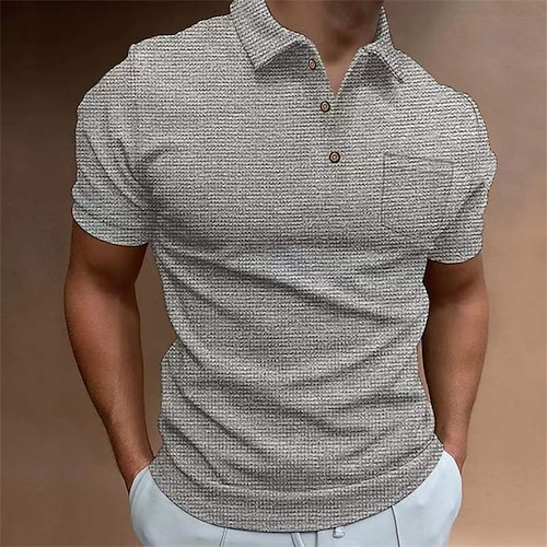 

Men's Waffle Polo Shirt Casual Daily Polo Collar Classic Short Sleeve Fashion Casual Solid Colored Button Front Spring & Summer Regular Fit Black White Dark Navy Blue Khaki Gray Waffle Polo Shirt