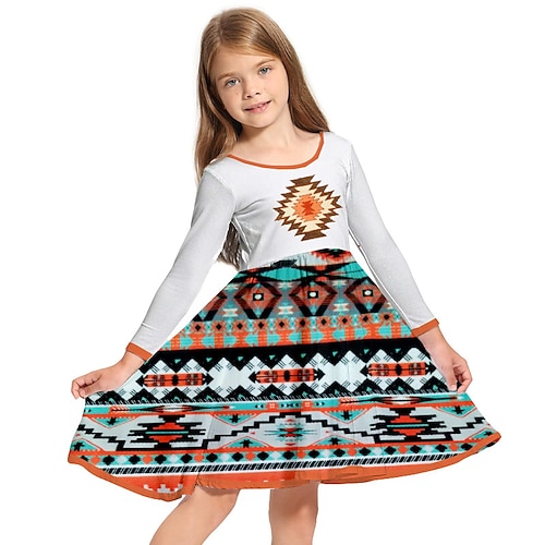 

Kids Little Girls' Dress Geometric A Line Dress Daily Holiday Vacation Print Yellow Above Knee Long Sleeve Casual Cute Sweet Dresses Fall Winter Regular Fit 3-10 Years