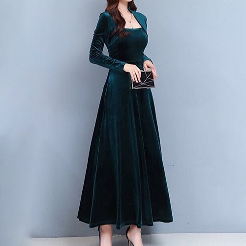 

Women's Velvet Dress A Line Dress Midi Dress Dark Green Long Sleeve Pure Color Ruched Fake two piece Fall Winter Square Neck Party Stylish Elegant Party Slim 2022 M L XL XXL 3XL / Party Dress