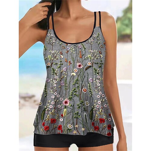 

Women's Swimwear Tankini 2 Piece Normal Swimsuit Printing Floral Gray Camisole Strap Bathing Suits Sports Vacation Fashion / Sexy / Modern / New