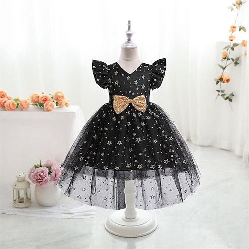 

Kids Little Girls' Dress Solid Colored Tulle Dress Party Daily Sequins Bow Black Red Knee-length Short Sleeve Princess Cute Dresses Spring Summer Slim 3-10 Years