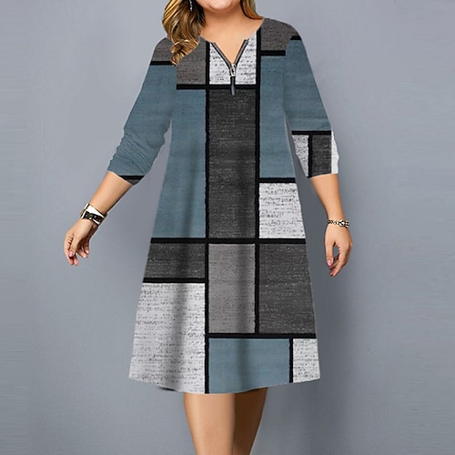 

Women's Plus Size A Line Dress Color Block V Neck Long Sleeve Fall Winter Stylish Casual Knee Length Dress Causal Daily Dress / Casual Dress