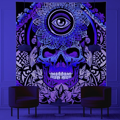 

Halloween Blacklight UV Reactive Wall Tapestry Art Decor Blanket Curtain Hanging Home Bedroom Decoration Polyester Skull