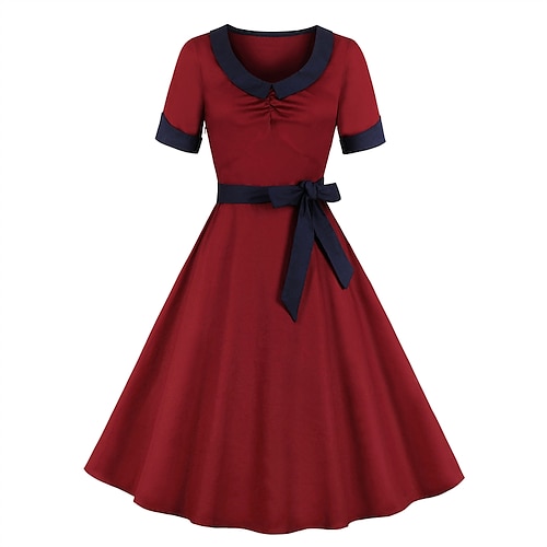

Vestido feminino de uma linha vestido na altura do joelho vinho manga curta bloco de cores arco ruched outono inverno gola redonda elegante vintage maduro 2022 xxl