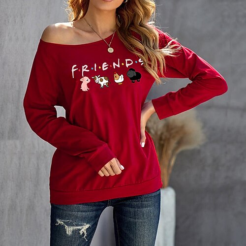 

Women's Sweatshirt Pullover Active Streetwear Cold Shoulder Print Green Gray Orange Text Animal Daily One Shoulder Long Sleeve S M L XL XXL
