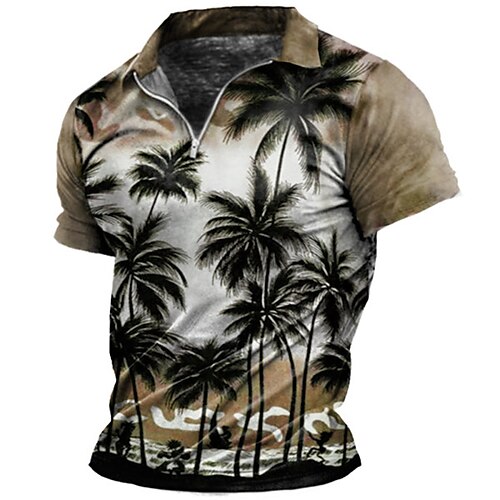 

Men's Collar Polo Shirt Golf Shirt Coconut Tree Turndown Green 3D Print Outdoor Street Short Sleeves Zipper Print Clothing Apparel Fashion Designer Casual Breathable / Summer / Spring / Summer