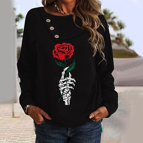 

Women's T shirt Tee Flower Casual Weekend T shirt Tee Long Sleeve Button Print Round Neck Basic Black Gray Wine S
