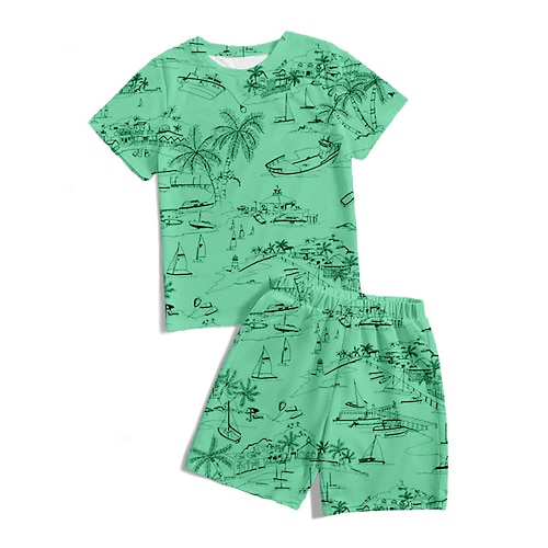 

Kids Boys T-shirt Shorts Clothing Set 2 Pieces Short Sleeve Green White Purple Coconut Tree Crewneck Print Street Sports Vacation Fashion Comfort Cool Daily 3-13 Years