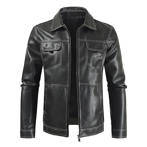 

Men's Faux Leather Jacket Biker Jacket Motorcycle Jacket Thermal Warm Rain Waterproof Warm Work Daily Wear Zipper Hoodie Casual Casual Daily Jacket Outerwear Pure Color With Belt Black
