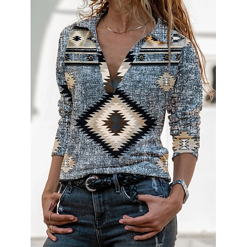 

Women's T shirt Tee Geometric Casual Weekend Geometric Painting T shirt Tee Long Sleeve Print Shirt Collar Basic Ethnic Gray S / 3D Print