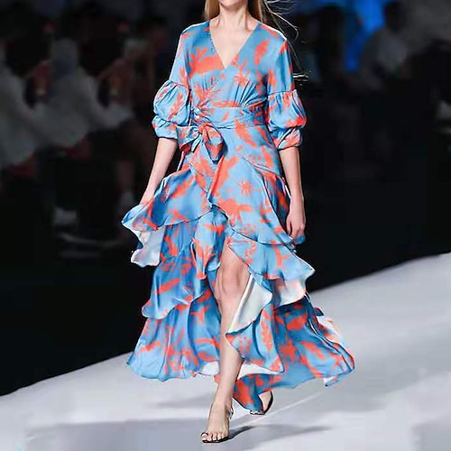 

Women's Satin Dress A Line Dress Midi Dress Blue Dark Blue Light Blue 3/4 Length Sleeve Print Lace up Print Fall Winter V Neck Stylish Modern 2022 S M L XL