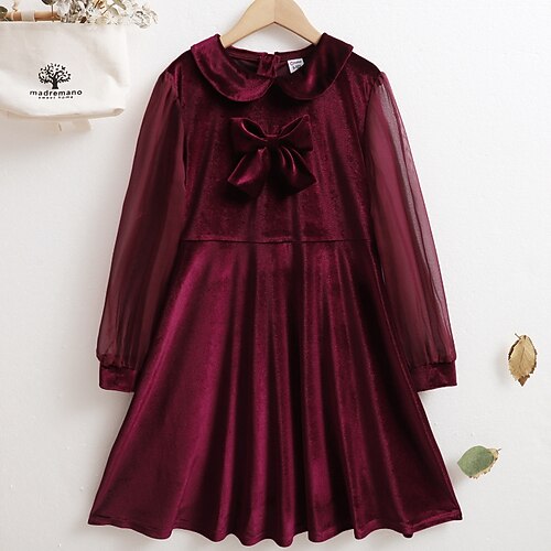 

Kids Girls' Dress Solid Colored A Line Dress Midi Dress Performance Bow Cotton Long Sleeve Princess Dress 3-12 Years Summer Wine