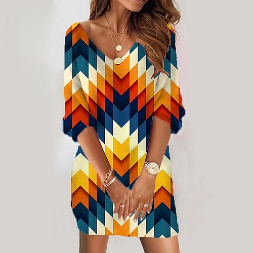 

Women's Casual Dress Bodycon Short Mini Dress Blue Yellow Khaki 3/4 Length Sleeve Geometric Print Fall Winter V Neck Casual Vacation 2022 S M L XL XXL 3XL
