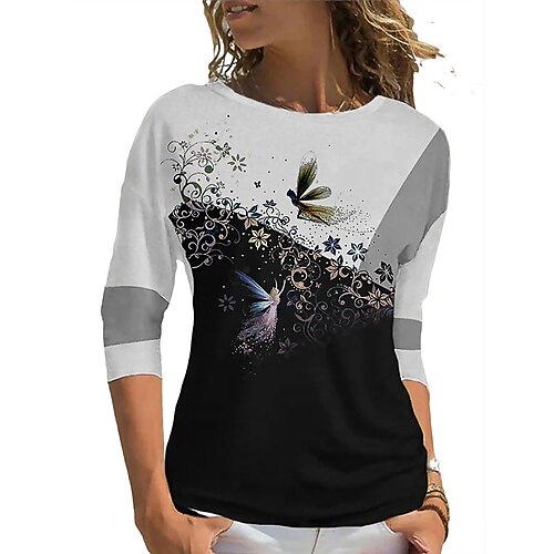 

Women's Blouse Color Block Daily Weekend Blouse Shirt 3/4 Length Sleeve Print Round Neck Casual Streetwear White Black Blue S