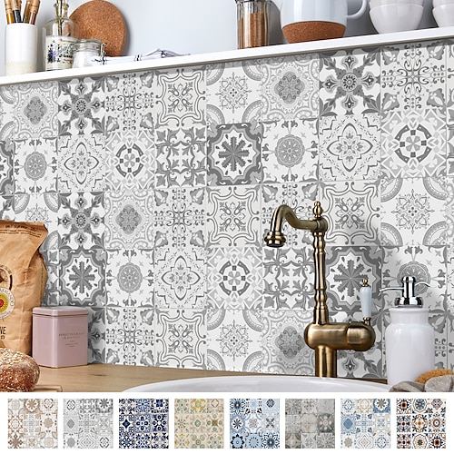 

24/48pcs Mandala Creative Kitchen Bathroom Living Room Self-adhesive Gray Wall Stickers Waterproof Classic Moroccan Tile Stickers