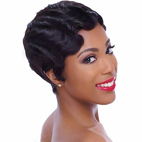 

Short Wigs Human Hair For Women side Part 13x4x1 Lace Wig Brazilian Finger Wave Wig Short Pixie Cut Wig Natural Color Glueless 130%