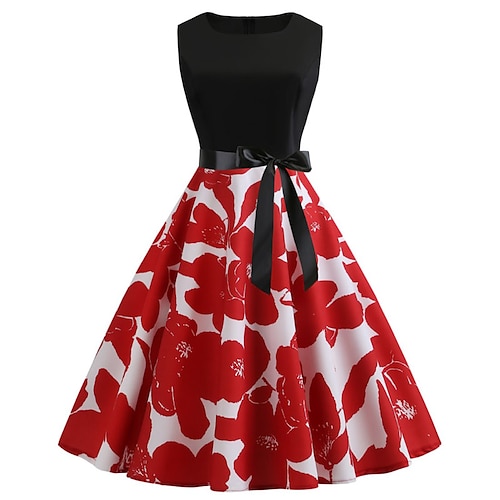 

Women's Swing Dress Vintage Dress Midi Dress Red Sleeveless Floral Ruched Spring Summer Weekend 2022 S M L XL XXL