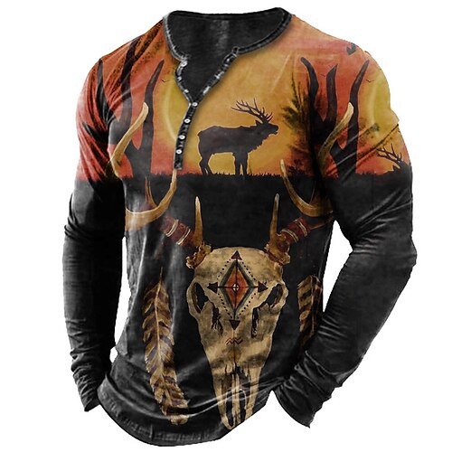 

Men's T shirt Tee Henley Shirt Tee Graphic Animal Color Block Henley Black Long Sleeve 3D Print Plus Size Outdoor Daily Button-Down Print Tops Basic Classic Comfortable Big and Tall / Sports