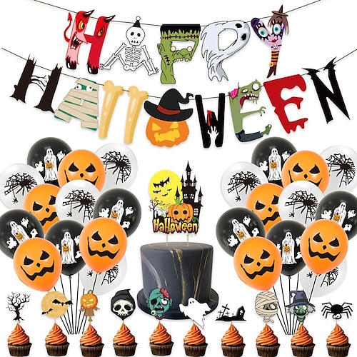 

Halloween Banner lettering happy halloween zombie pumpkin witch pull flag flower party decoration