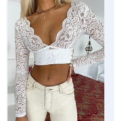 

Women's Crop Top Plain Holiday Weekend Crop Top Shirt Long Sleeve Lace V Neck Casual White S